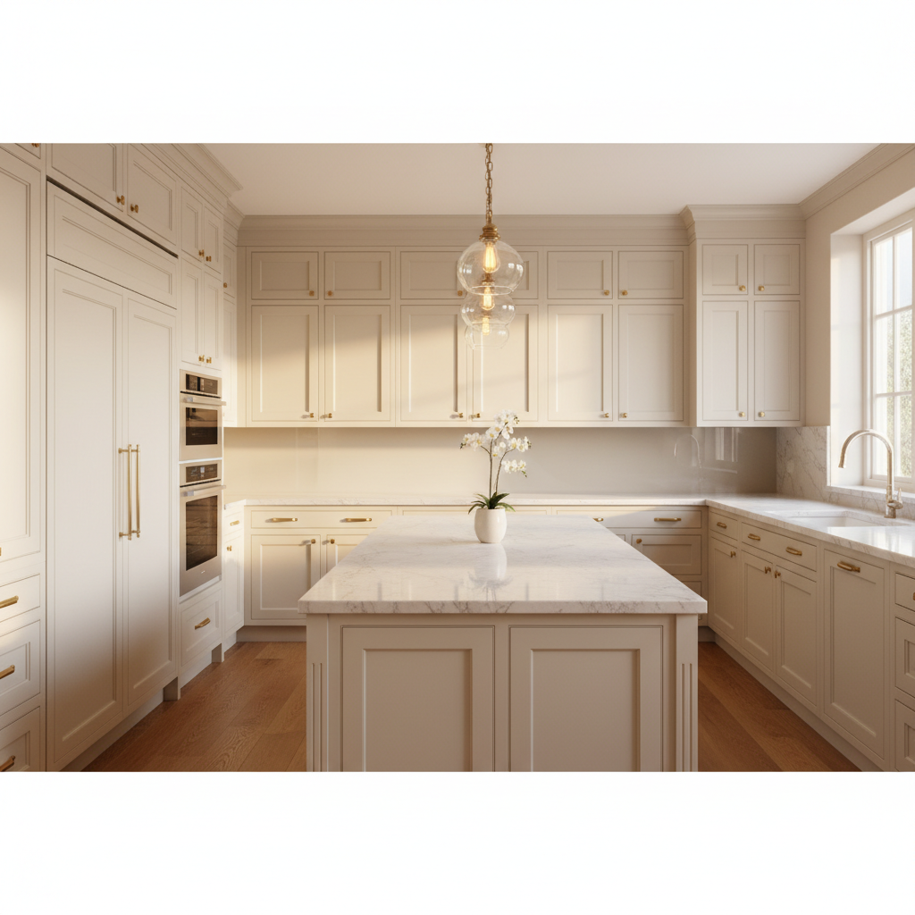 Bright upscale kitchen with integrated premium appliances